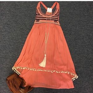 Coral Embroidered PomPom Dress